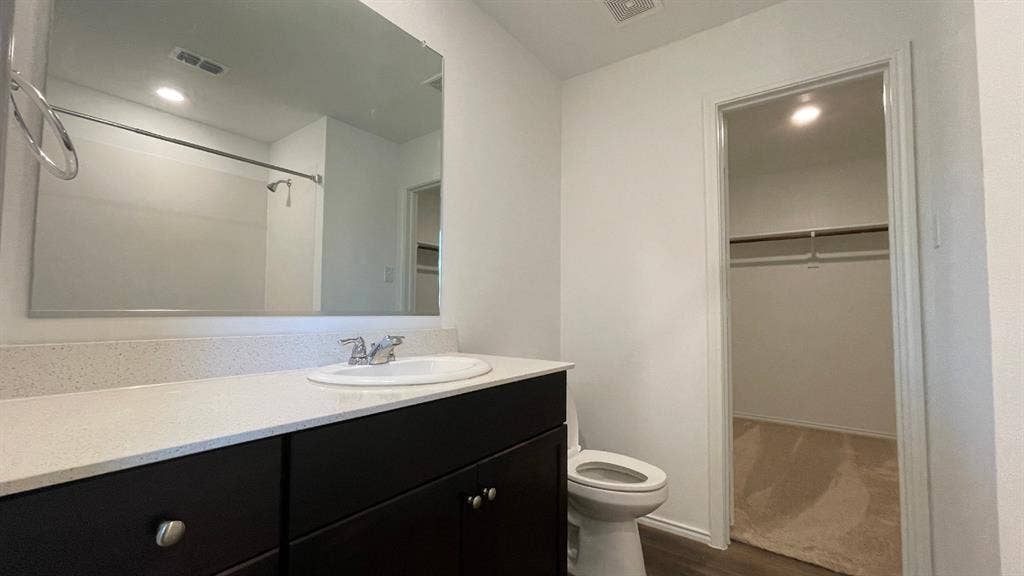 Dark wood-finish cabinetry, light-toned composite countertop with a recessed basin, full-width vanity mirror, and walk-in closet featuring built-in shelving
