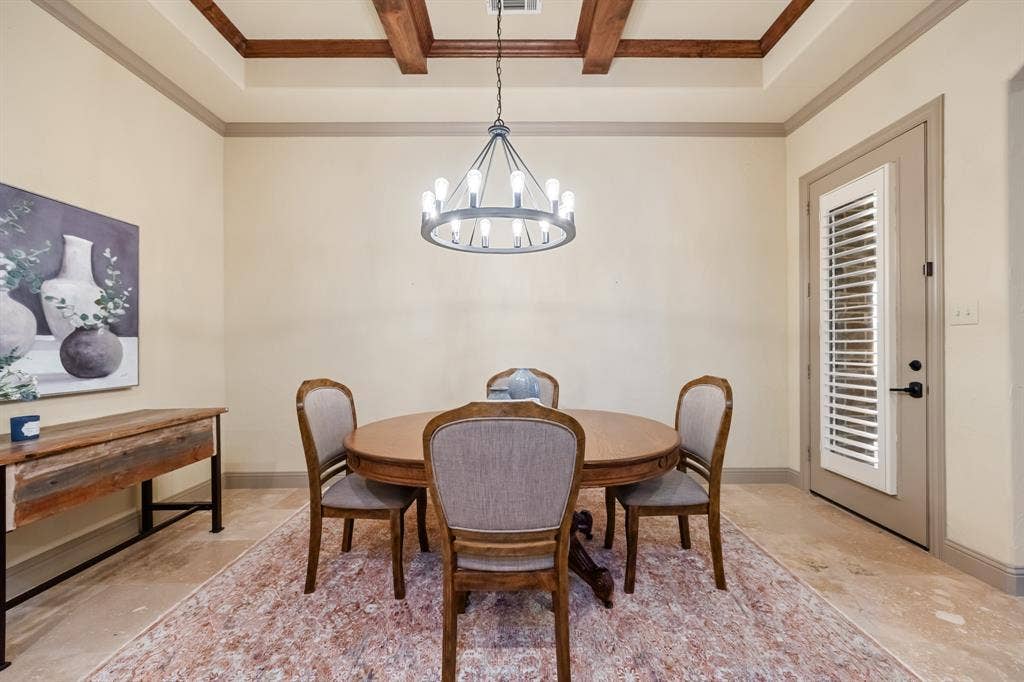 Large Dining Room with Stained Beams on ceiling