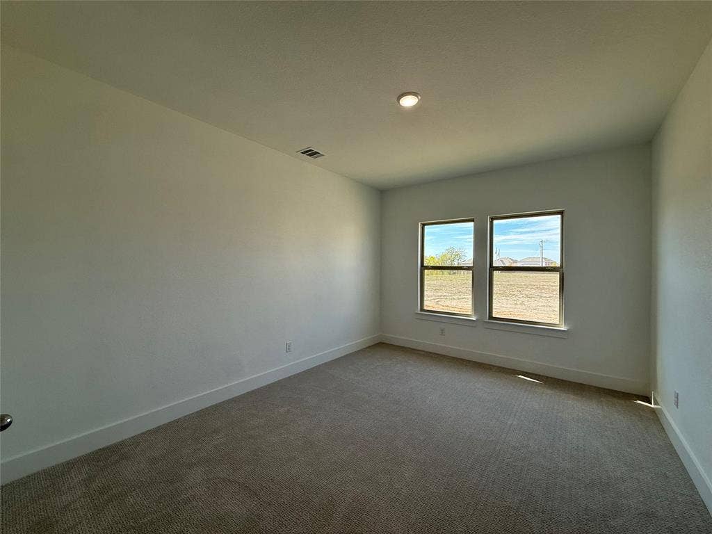 Neutral-toned carpeting, smooth-finish walls, and dual double-pane windows providing natural light