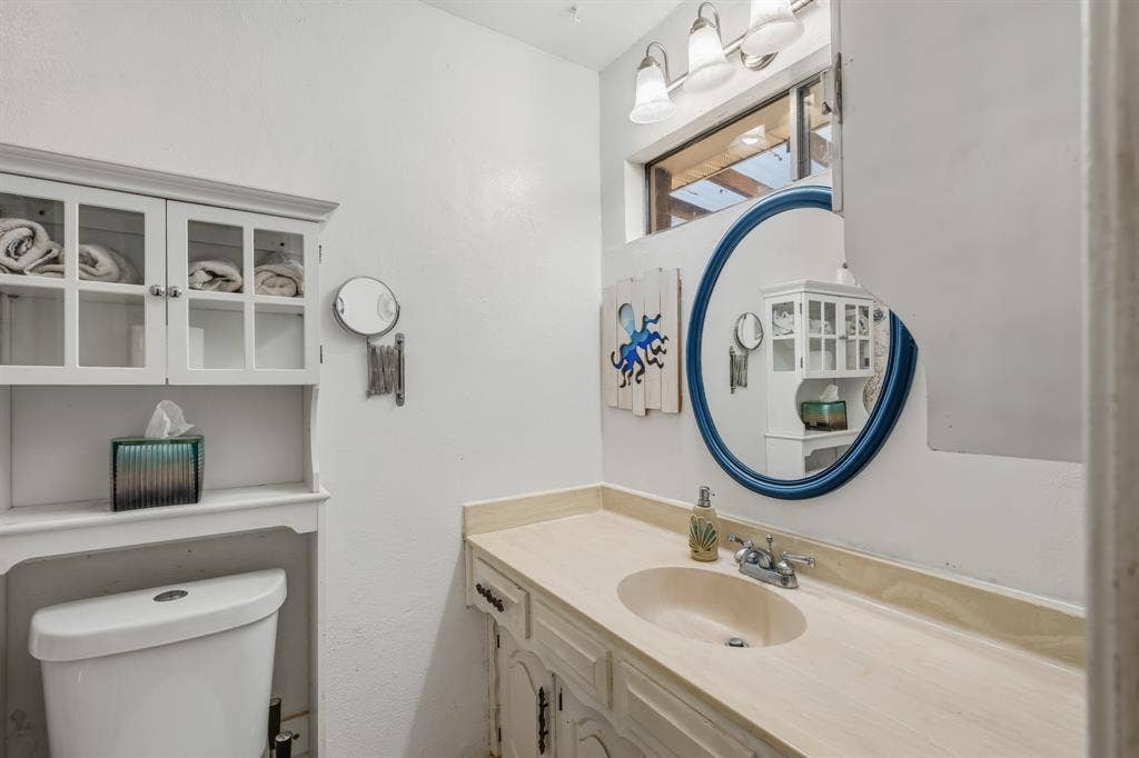 Good storage is found in this bathroom.