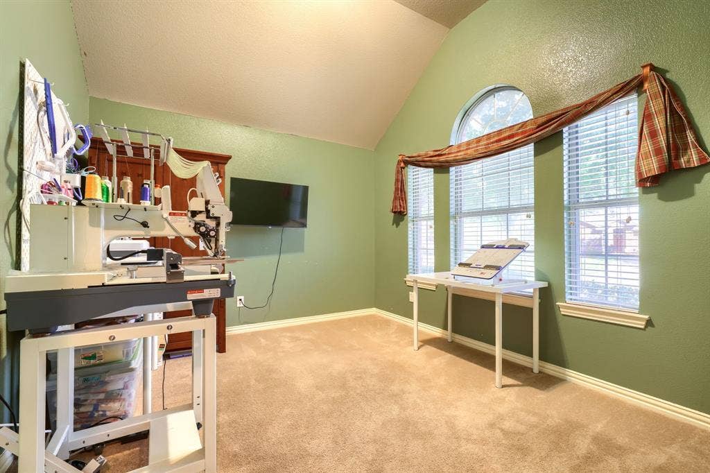 Vaulted ceiling room featuring carpeted flooring and an arched window with tripartite window panes