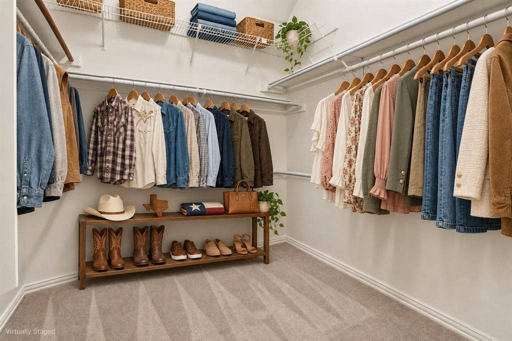 511 Clover Leaf Lane, McKinney, TX 75072 Walk-in closet featuring tiered wire shelving, dual-level hanging rods, and neutral carpeting
