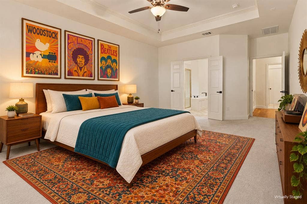 511 Clover Leaf Lane, McKinney, TX 75072 Tray ceiling, ceiling fan with integrated lighting, and neutral carpeting