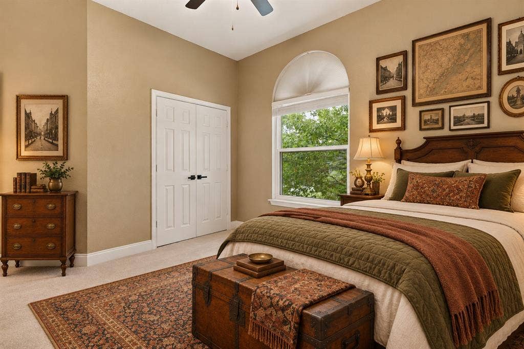 511 Clover Leaf Lane, McKinney, TX 75072 Neutral wall tones, arched window with a fanlight header, ceiling fan, and double-door closet