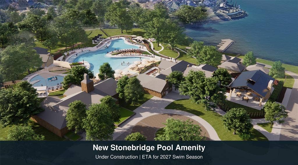511 Clover Leaf Lane, McKinney, TX 75072 Expansive swimming pool complex featuring a multi-tiered design, dedicated pavilion with integrated stone fireplace, surrounding hardscaped pathways, mature landscaping, and bulkhead waterfront access