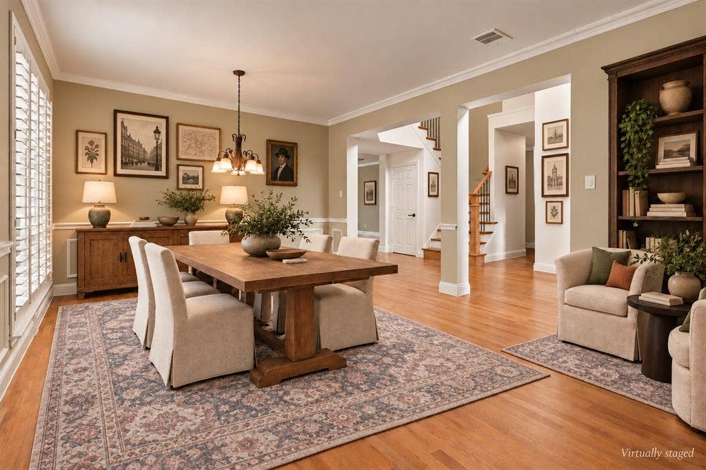 511 Clover Leaf Lane, McKinney, TX 75072 Dining area featuring wood-finish flooring, crown molding, plantation shutters, a tiered chandelier, and a built-in dark wood bookcase