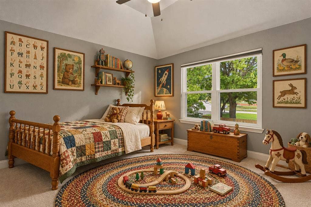 511 Clover Leaf Lane, McKinney, TX 75072 Vaulted ceilings, neutral wall palette, double-pane windows, wall-mounted wood shelving, and carpeted flooring