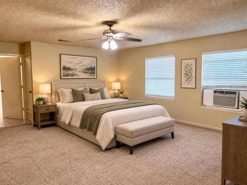 618 Pyramid Drive, Garland, TX 75040 Spacious room featuring neutral carpeting, a central ceiling fan with integrated lighting, dual windows with horizontal blinds, and a built-in wall air conditioning unit