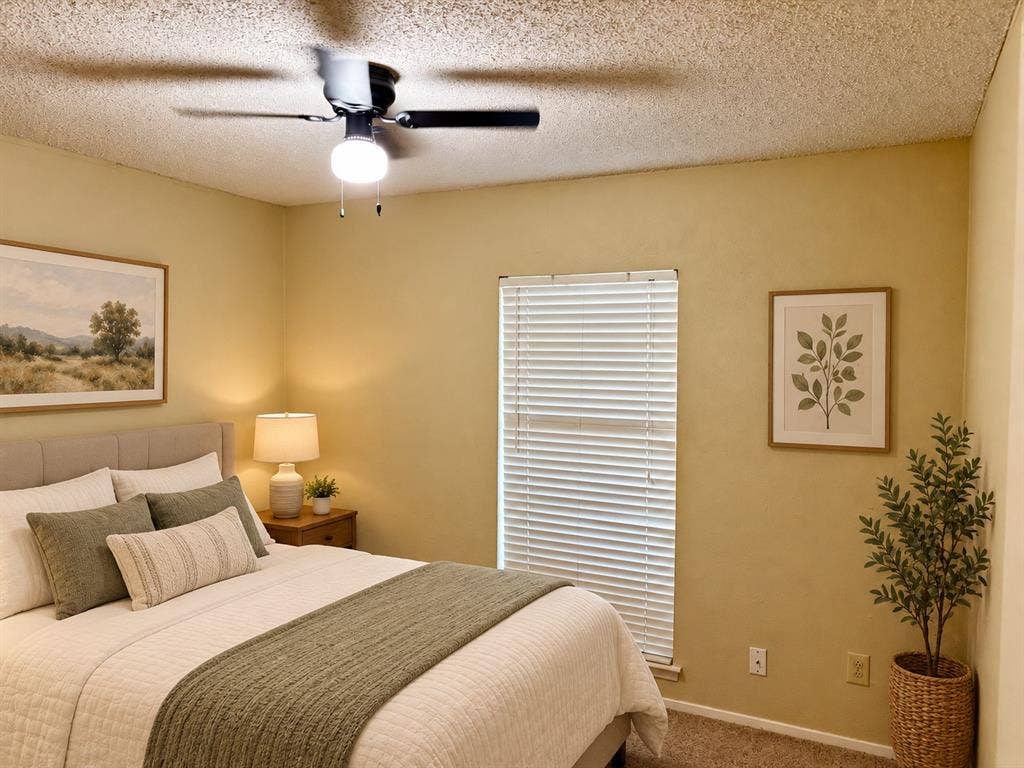 618 Pyramid Drive, Garland, TX 75040 Room featuring neutral wall paint, textured ceiling, carpeted flooring, window with horizontal blinds, and a mounted ceiling fan with integrated light fixture