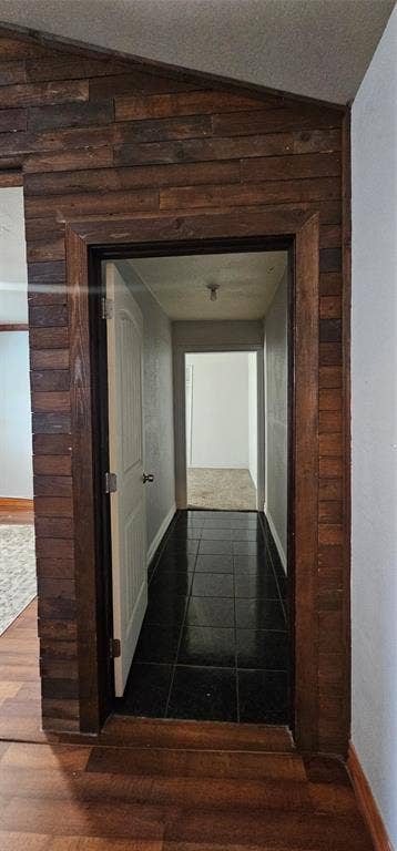 Horizontal dark wood-paneled wall detail surrounding an arched entryway, featuring dark tile flooring and a six-panel door