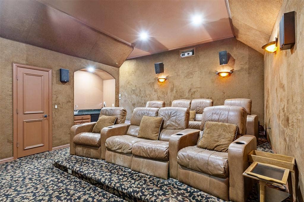 6467 Orchid Lane, Dallas, TX 75230 Fully equipped Media Room with projection system, tiered seating, wet bar, and suede walls that enhance the intimate viewing experience.