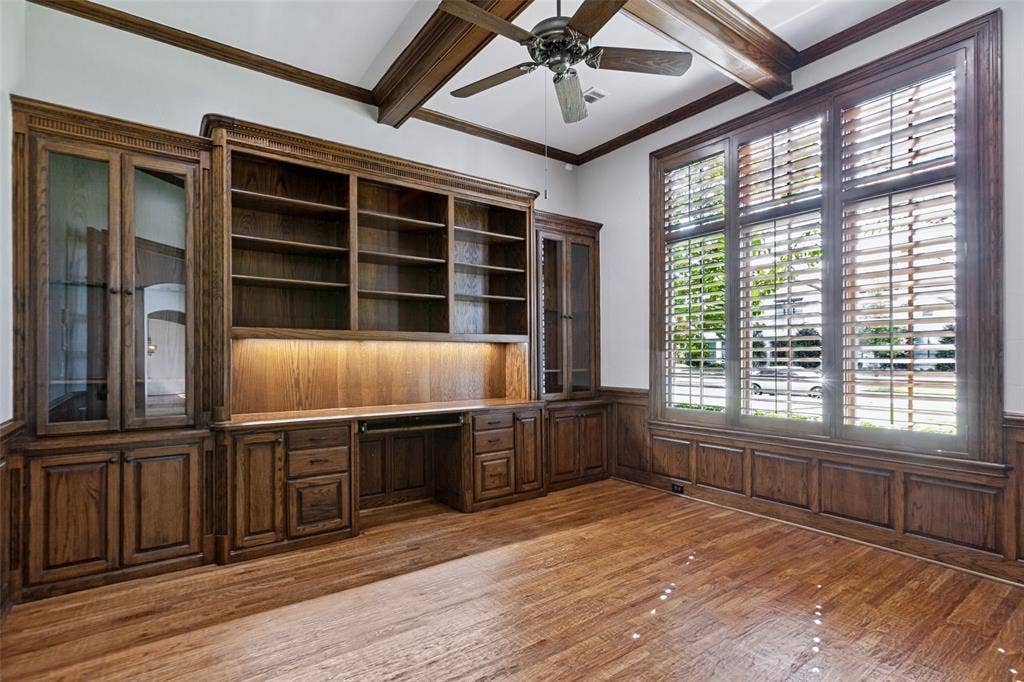 6467 Orchid Lane, Dallas, TX 75230 The handsome study offers privacy. many built-ins, coffered ceiling, and a separate storage room for equipment and supplies.