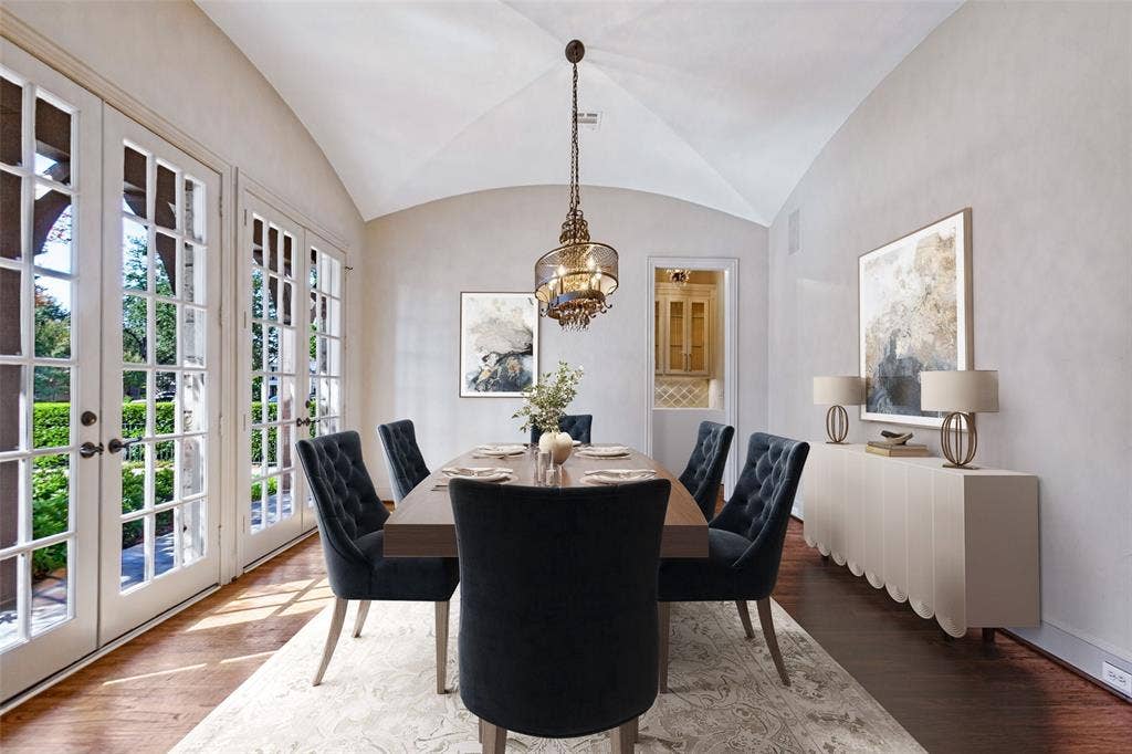6467 Orchid Lane, Dallas, TX 75230 Virtually staged Dining Room enjoys abundant natural light and a groin vaulted ceiling. Butler's Pantry is beyond.
