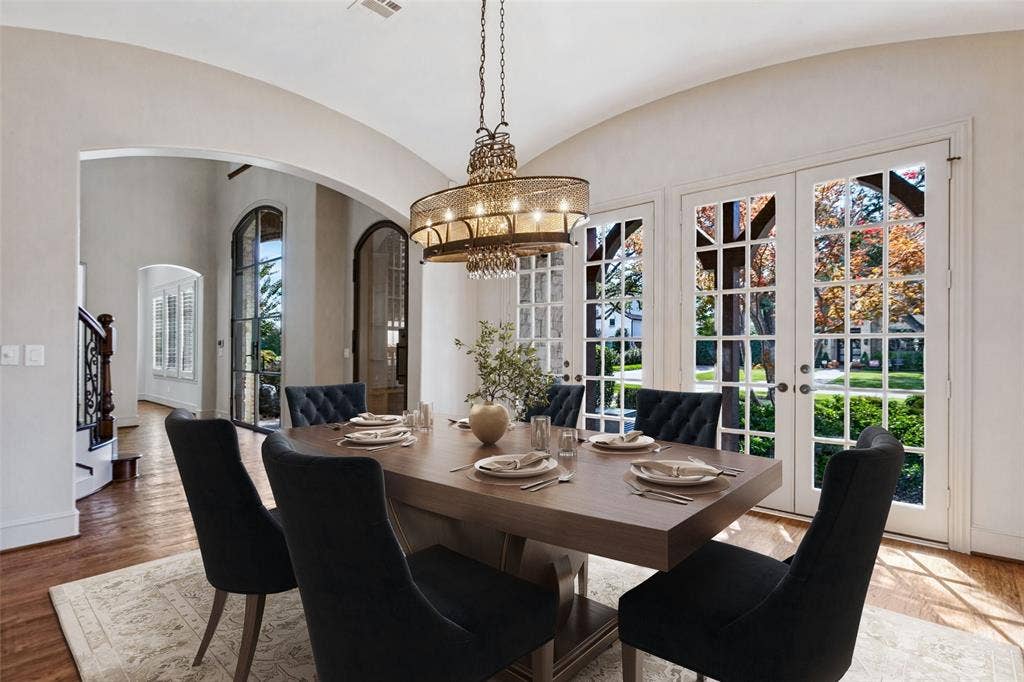 6467 Orchid Lane, Dallas, TX 75230 Dining Room looking back towards entry. Note the stunning wine closet to the right.