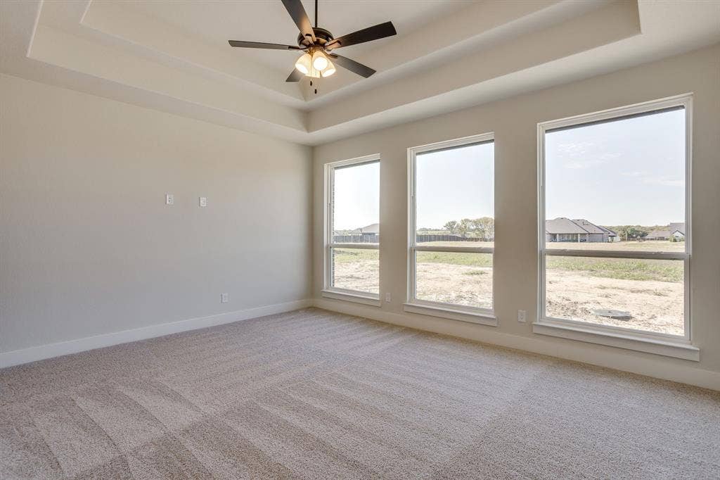 501 Olson Road, Waxahachie, TX 75167 Tray ceiling, central ceiling fan with integrated lighting, neutral wall-to-wall carpeting, and triple-pane windows providing natural light