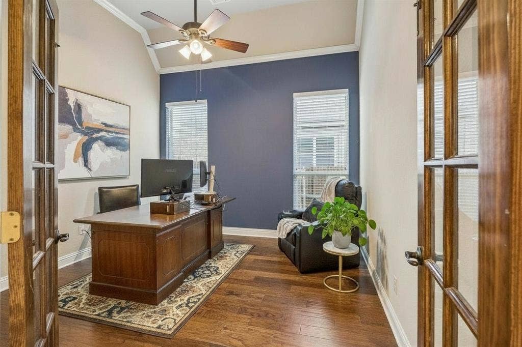3702 Harlan Drive, Sachse, TX 75048 Dedicated first-floor home office provides a separate workspace without sacrificing one of the home's four bedrooms.