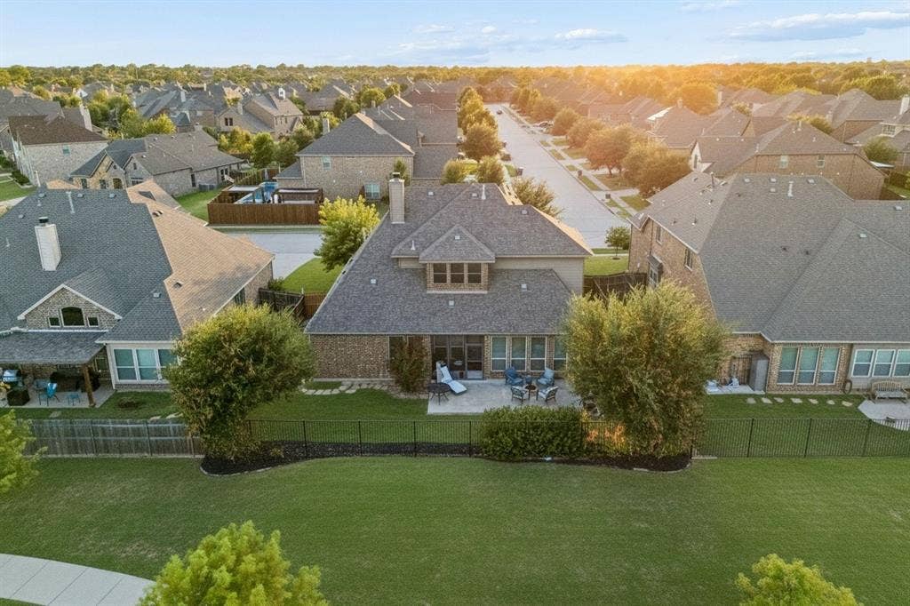 3702 Harlan Drive, Sachse, TX 75048 Aerial view highlights the home's position along the greenbelt and the surrounding Sachse neighborhood.