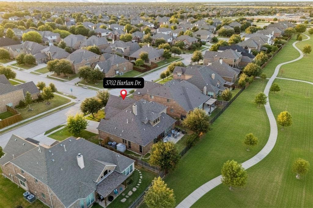 3702 Harlan Drive, Sachse, TX 75048 Aerial view illustrates the property's direct relationship to the greenbelt and nearby open space.