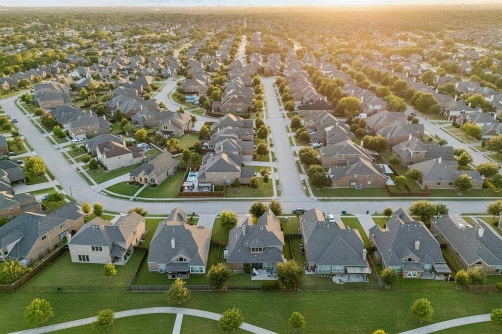 3702 Harlan Drive, Sachse, TX 75048 Aerial perspective showcases the established neighborhood and surrounding North Texas community.
