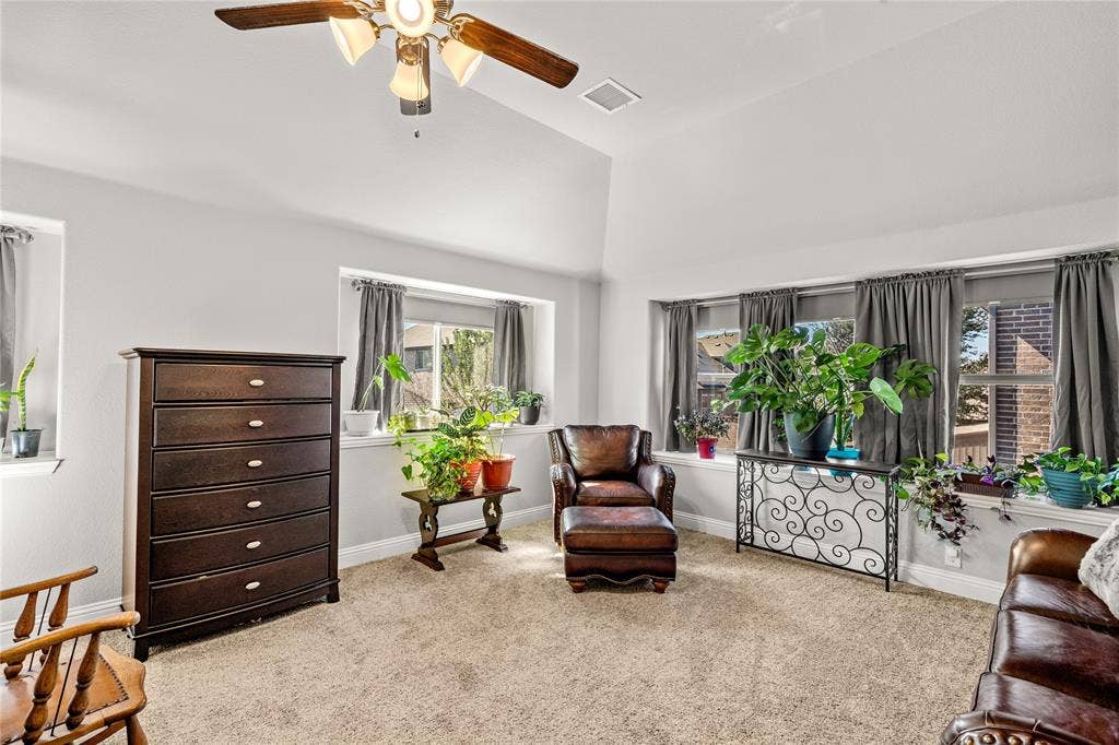 Vaulted ceilings featuring a central ceiling fan, two recessed window bays, and neutral wall-to-wall carpeting