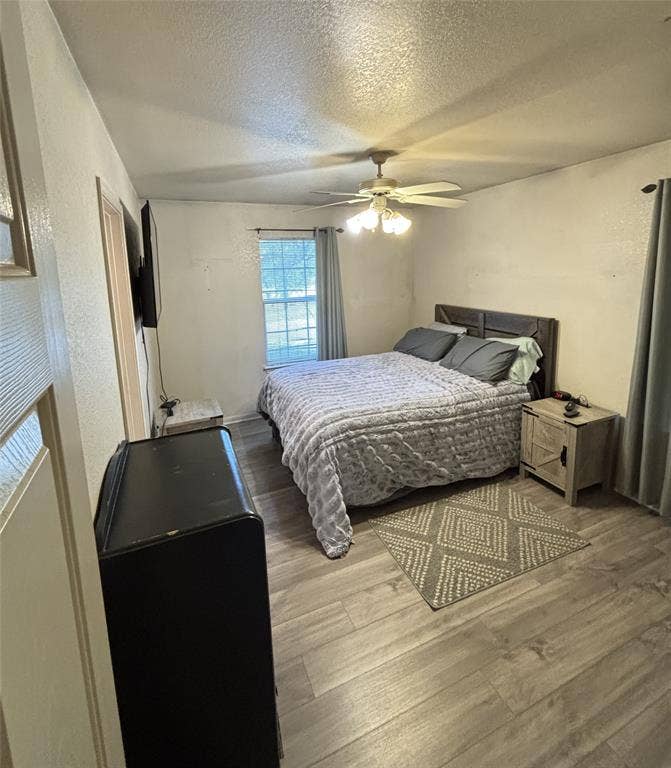 1 Mulberry Court, Morgans Point Resort, TX 76513 Primary bedroom wood-finish flooring, ceiling fan with integrated lighting, and single-pane window