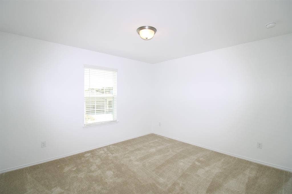Neutral-toned carpeted flooring, single-pane window with installed blinds, and ceiling-mounted dome lighting