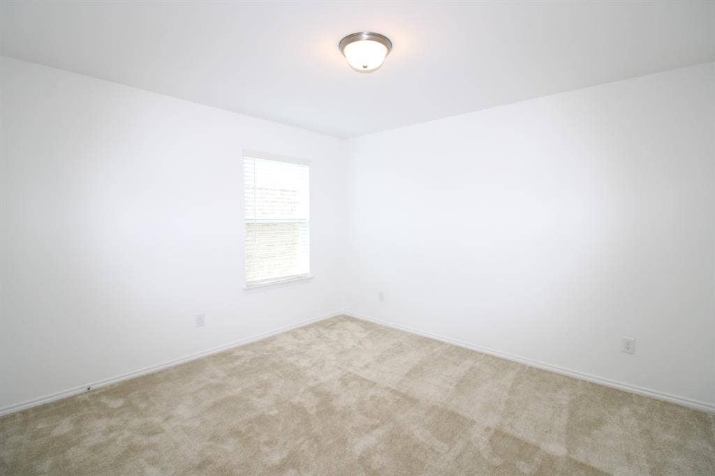 Neutral-toned wall-to-wall carpeting, single-pane window with integrated blinds, and flush-mount ceiling light fixture