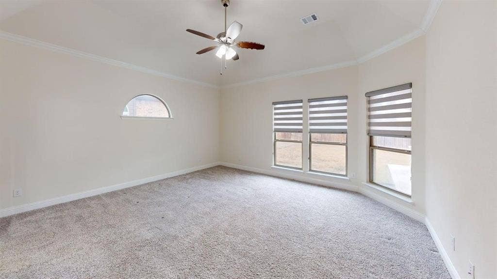 14518 Shady Grove Lane, Frisco, TX 75035 Vaulted ceiling featuring a central lighted ceiling fan, carpeted flooring, arched accent window, and triple-pane windows with integrated blinds