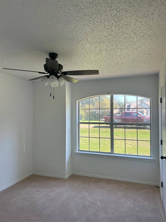 1114 Idlewood Drive, Waco, TX 76705 Arched window with decorative grid muntins, neutral carpeting, and ceiling fan with integrated lighting
