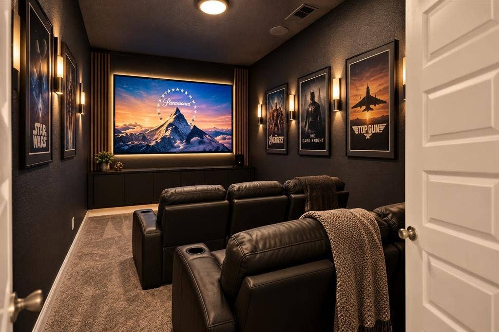 1103 Walford Drive, Forney, TX 75126 Dedicated media room featuring a built-in entertainment console, wall-mounted light fixtures, screen backlighting, and vertical wood paneling accents