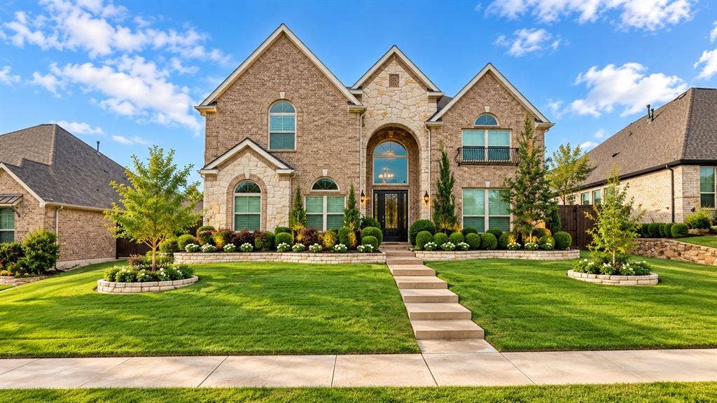 449 Southwestern Drive, Rockwall, TX 75087 Multi-gabled exterior featuring a combination of brick and stone masonry, arched window detailing, and a prominent stone-accented entryway with an arched transom