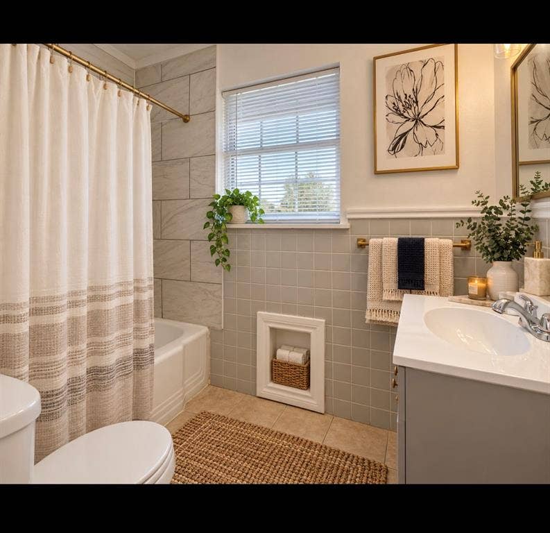 6719 Kenwell Street, Dallas, TX 75209 Bathroom featuring a vanity with a white countertop, wall-mounted inset storage niche, horizontal wall tiling, and a window with blinds*virtually staged*