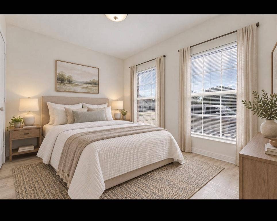 6719 Kenwell Street, Dallas, TX 75209 Room featuring neutral-toned walls, wood-finish flooring, two large windows, and a flush-mount ceiling light fixture *virtually staged*