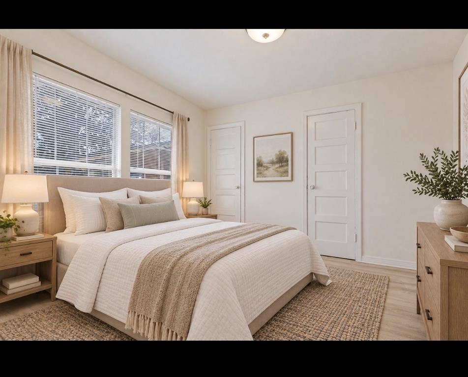 6719 Kenwell Street, Dallas, TX 75209 Neutral-toned room featuring light wood-finish flooring, dual windows with horizontal blinds, and two-panel interior doors *virtually staged*