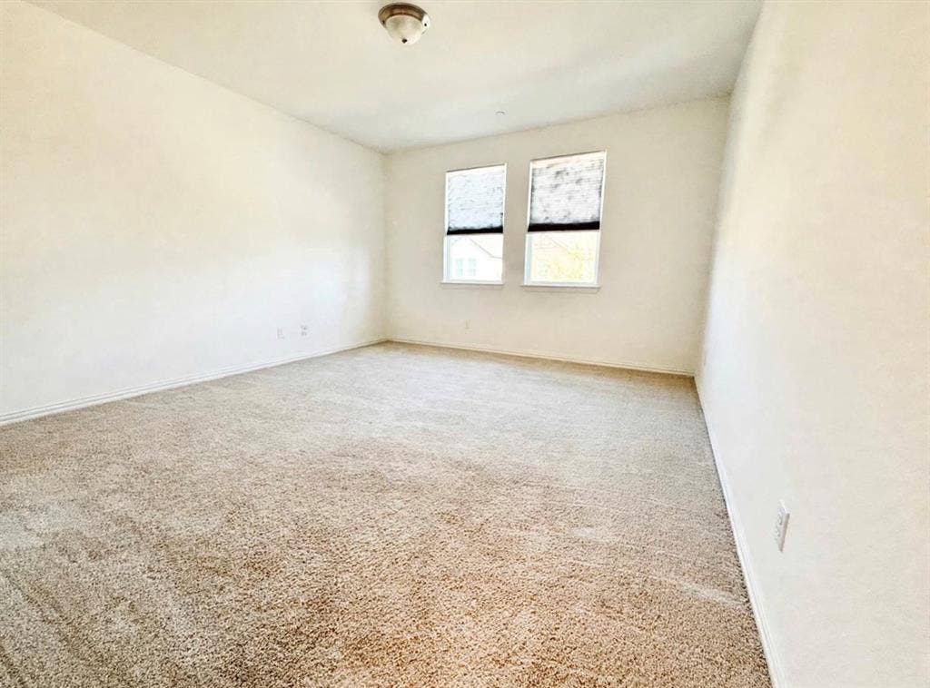 Neutral-toned wall-to-wall carpeting, dual windows with blinds, and a flush-mount ceiling light fixture