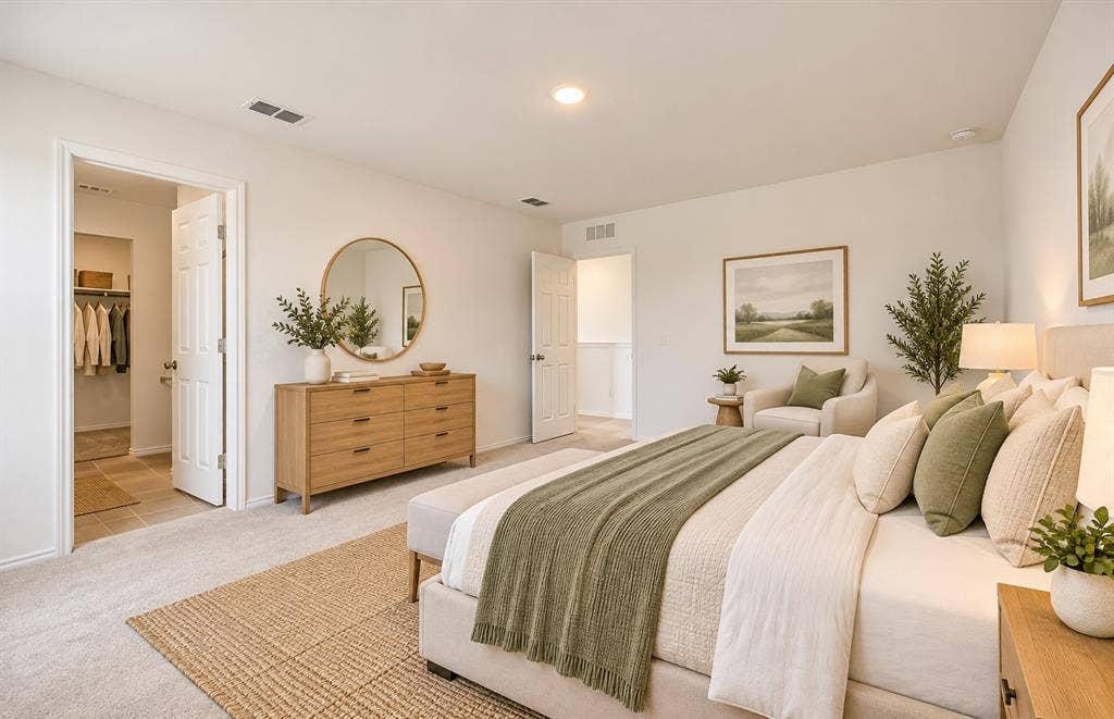 Neutral-toned carpet, recessed lighting, and a walk-in closet with interior shelving