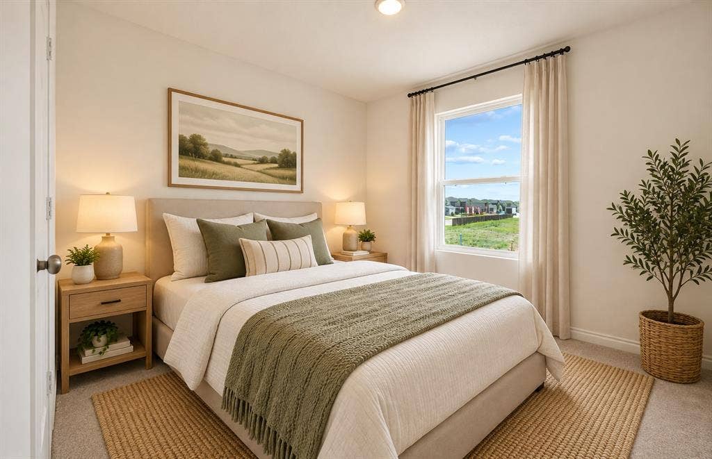 Neutral-toned interior space featuring light-colored wall-to-wall carpeting, an energy-efficient double-pane window, and a recessed ceiling light