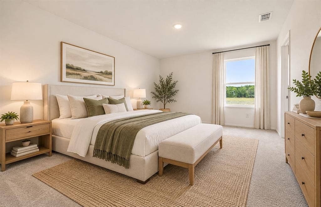 Spacious room featuring neutral carpeting, recessed ceiling lighting, and a window with natural light