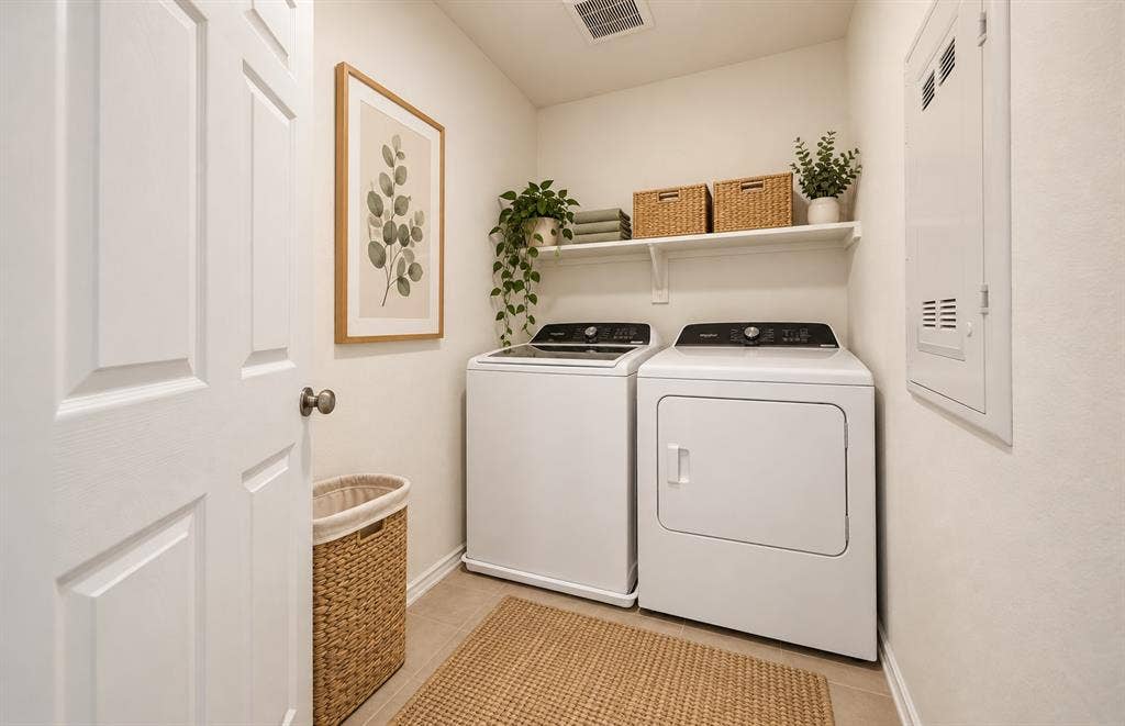Laundry area featuring tile flooring, a wall-mounted shelving unit, and a recessed electrical service panel