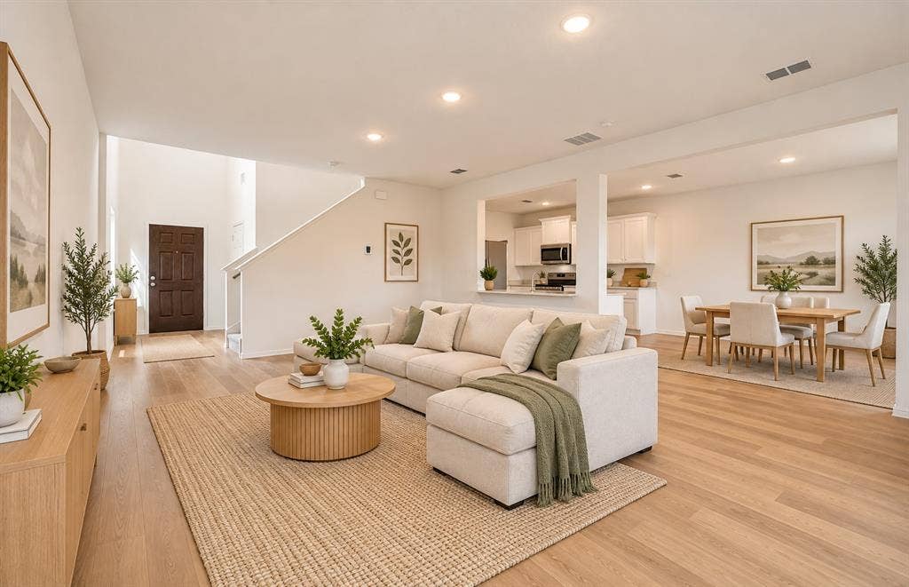 Open-concept interior featuring light wood-finish flooring, recessed lighting, white cabinetry, and a pass-through window