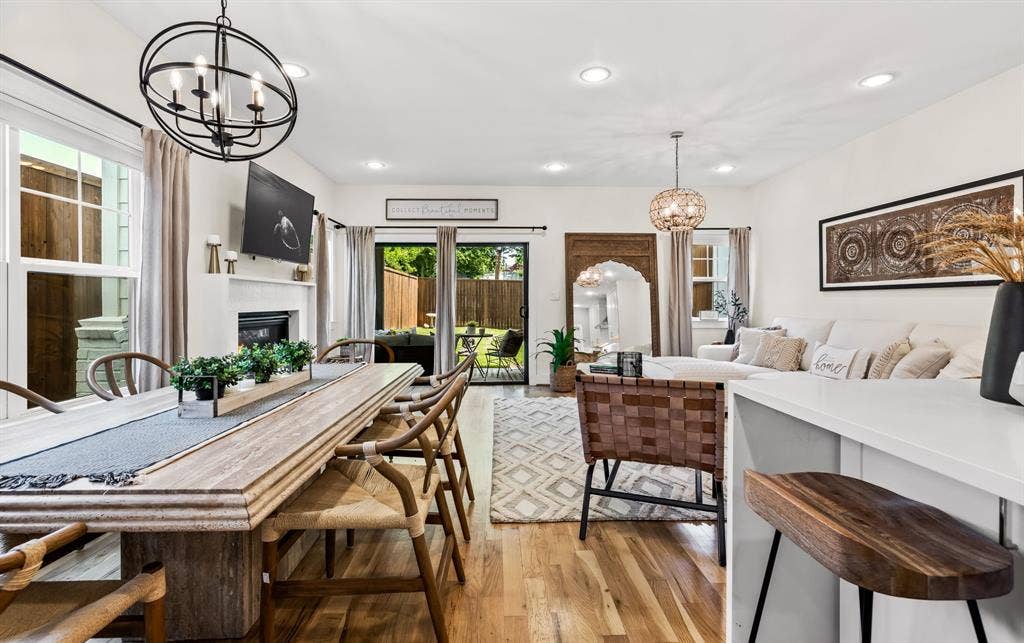 406 Parkview Avenue, Dallas, TX 75223 Dining space with hardwood / wood-style flooring and a chandelier