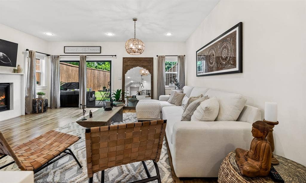 406 Parkview Avenue, Dallas, TX 75223 Living room featuring a chandelier and wood-type flooring
