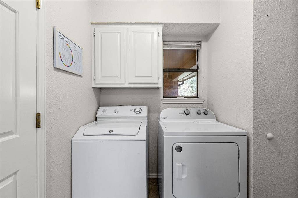 1307 Edna Street, Commerce, TX 75428 Laundry area featuring white shaker-style wall cabinetry and a window with horizontal blinds