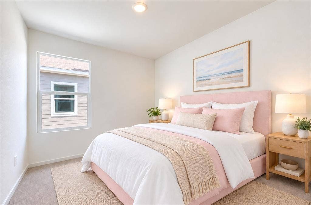 Neutral-toned carpeted flooring, white walls, and a single-hung window featuring white trim