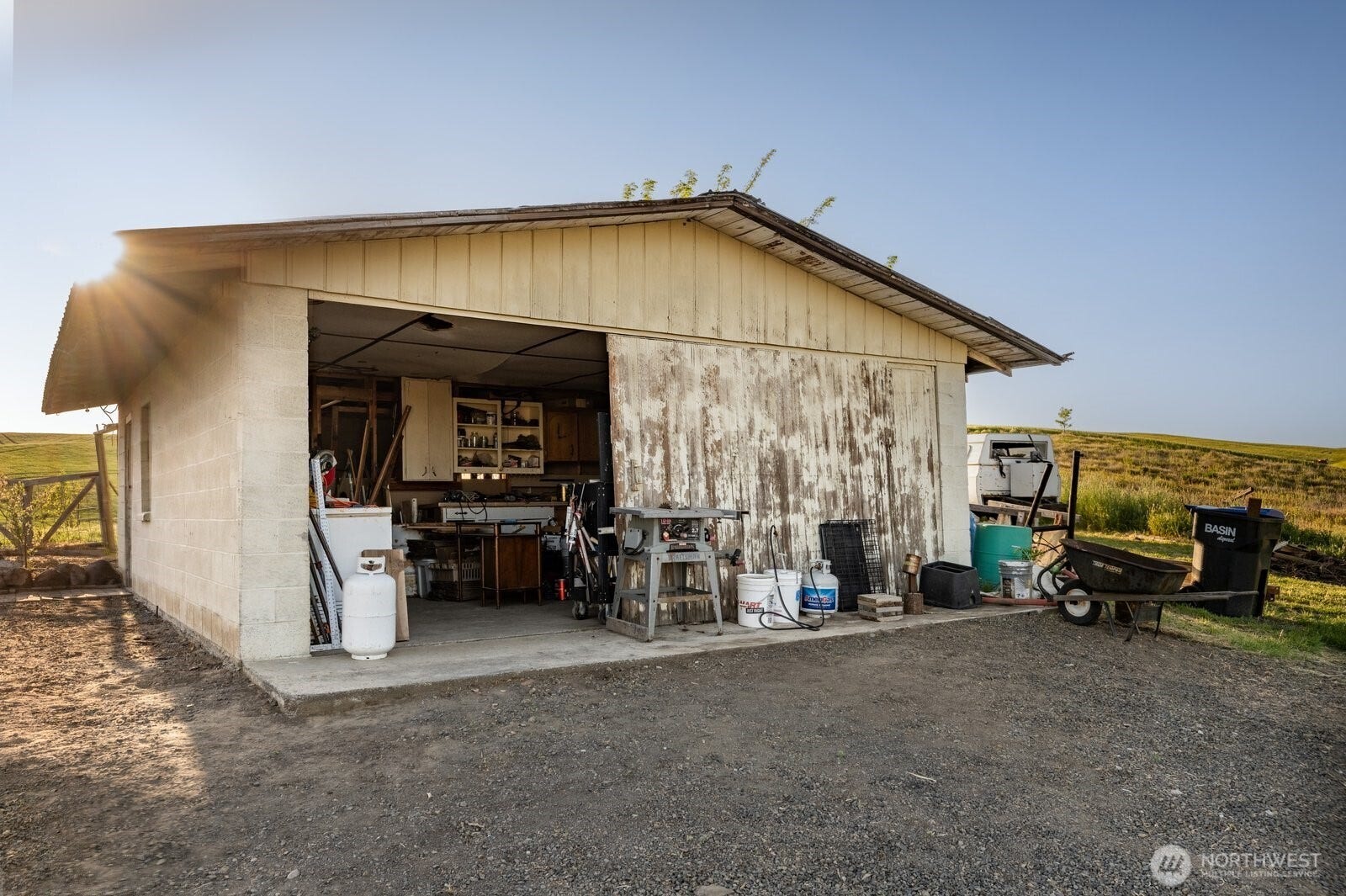 Garage with room for 2 cars and storage/workbench