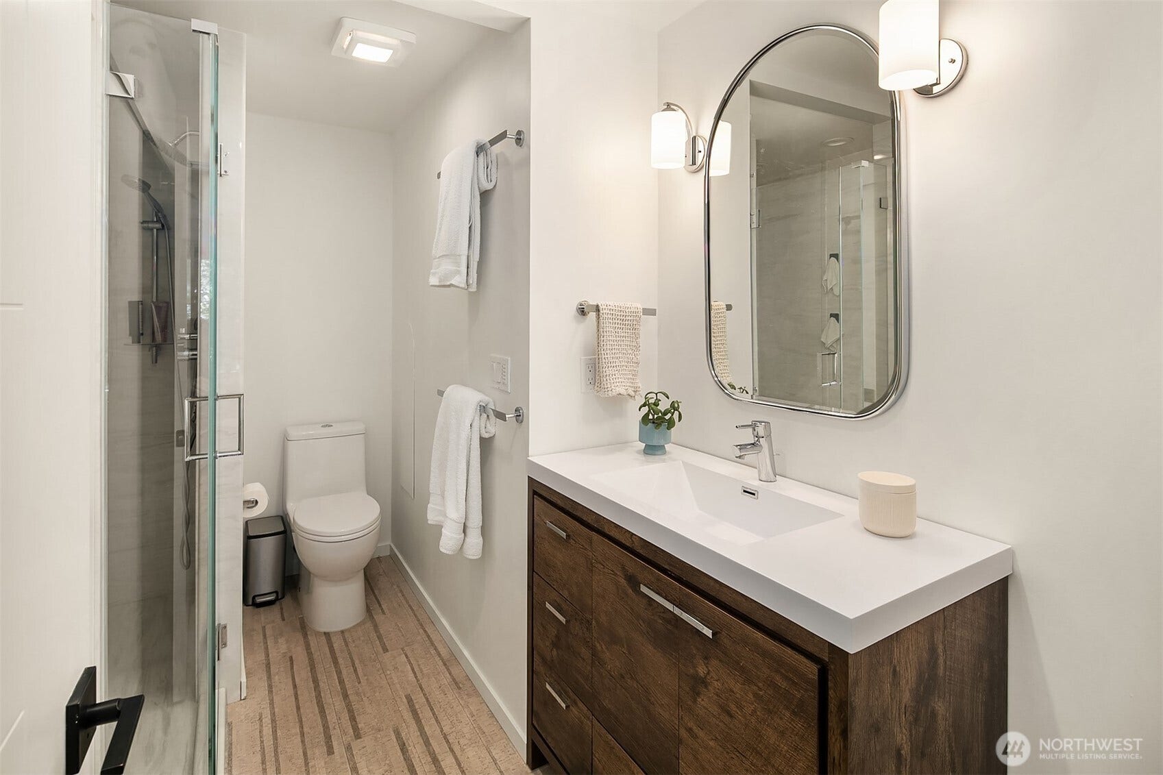 15628 8th Avenue SW, #B, Burien, WA 98166 Primary bath with contemporary step-in shower.