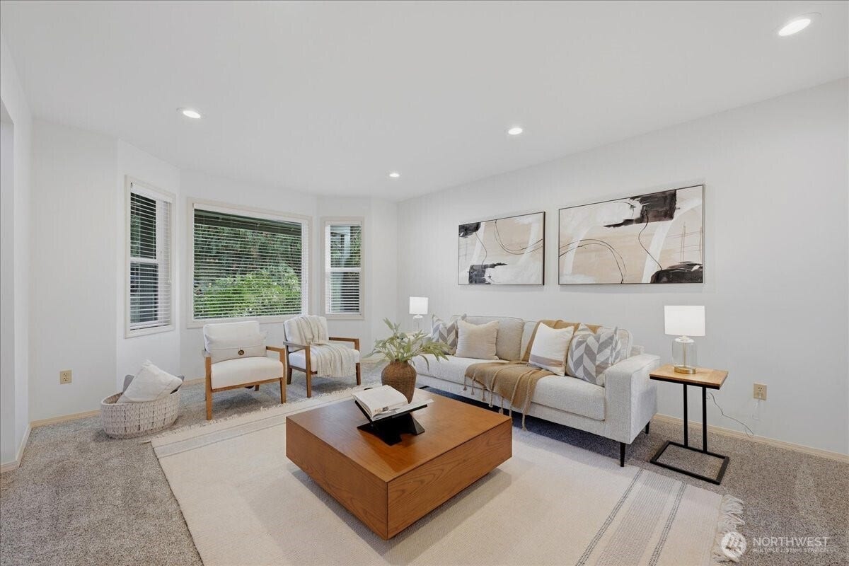 13408 SE 85th Street, Newcastle, WA 98059 Living room overlooks the front yard. New LED lighting throughout allows you to chose your ideal lighting color.