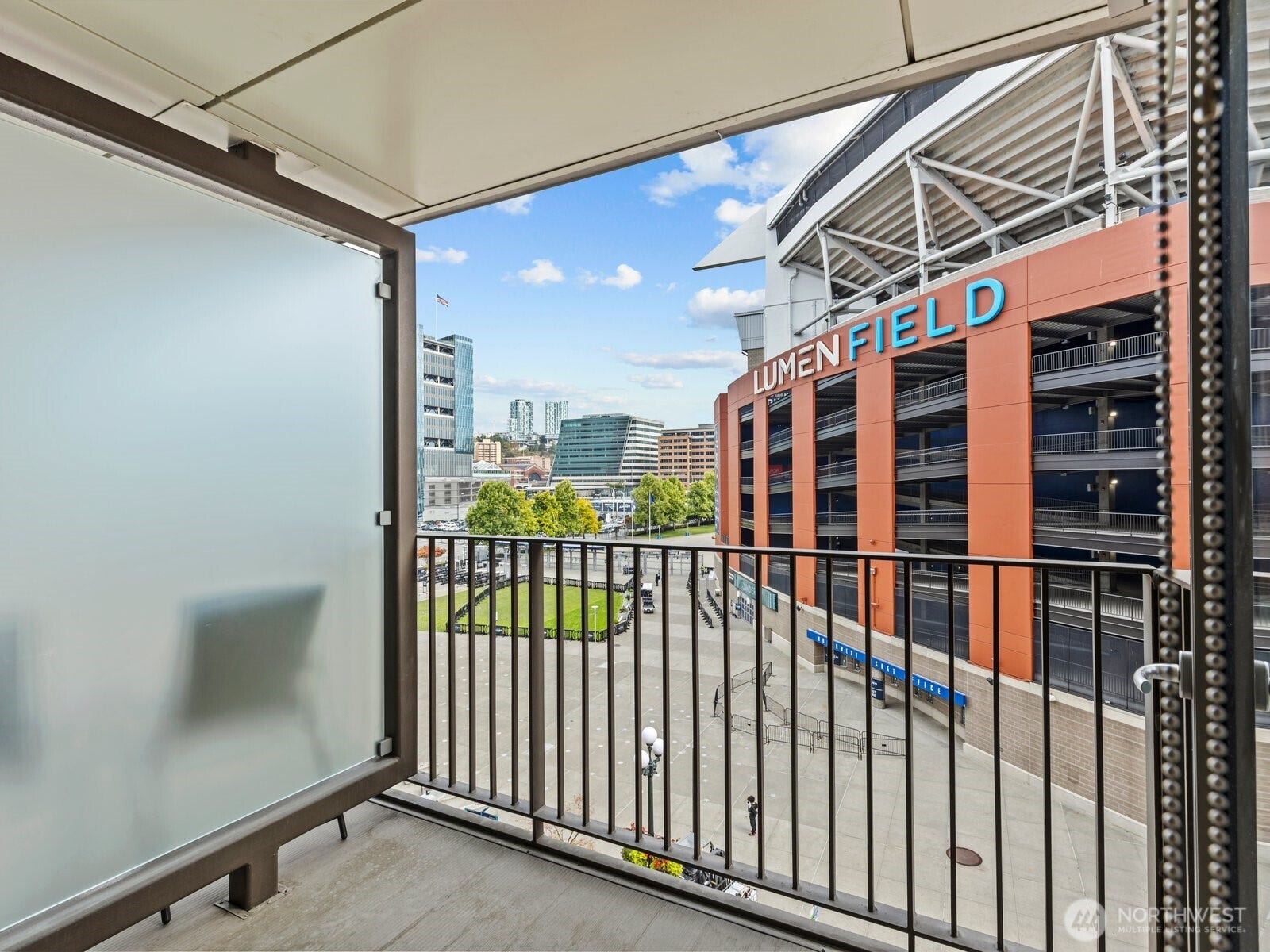 Not many of the units have a balcony, but this one does and overlooks the entrance to Lumen Field.