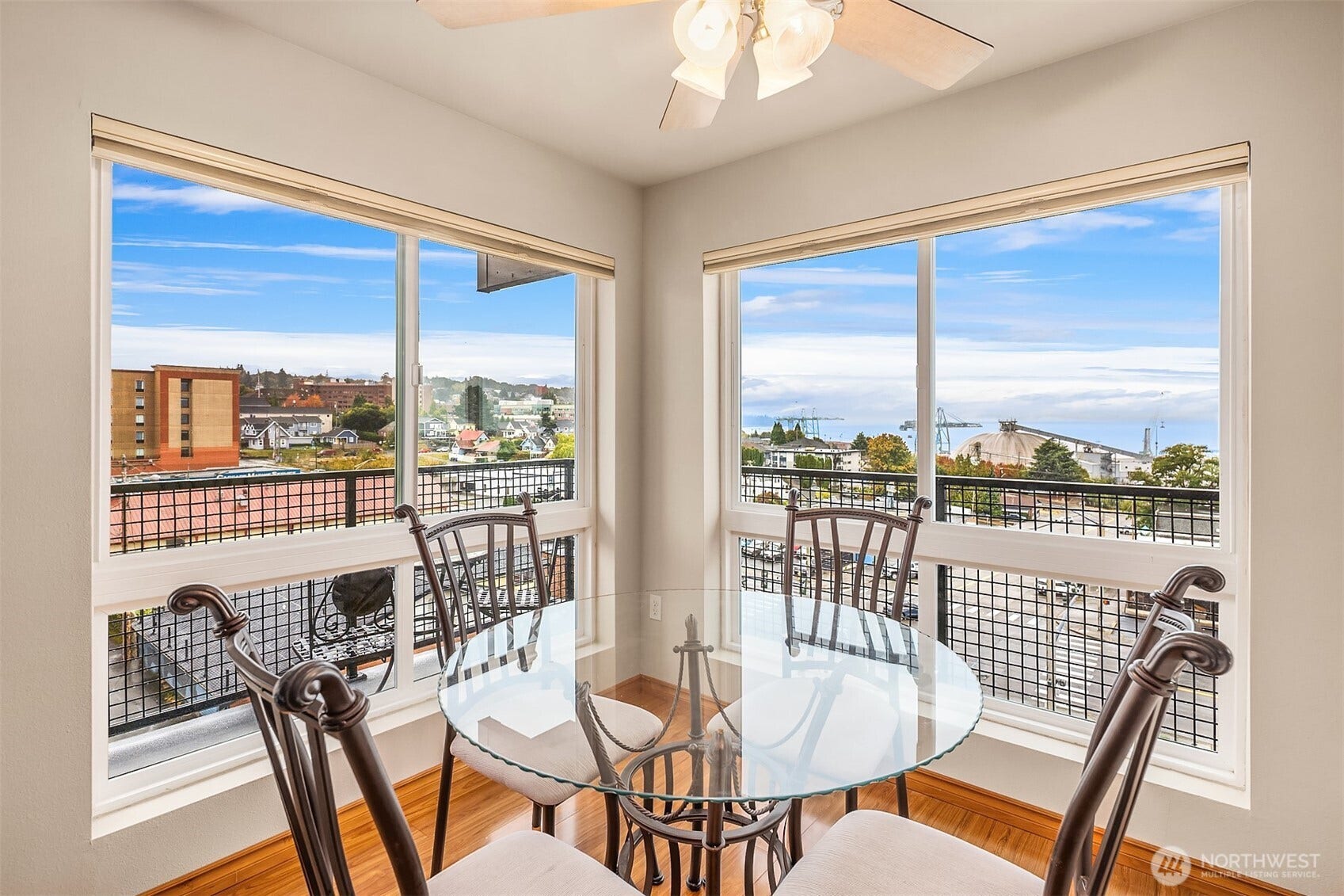 Eating area off of kitchen with views of the Port of Everett.