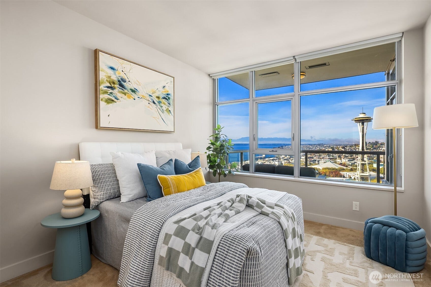 583 Battery Street, #3604N, Seattle, WA 98121 Spacious, bright second bedroom can easily fit a double bed, it has the same panoramic view of the Sound, Space Needle and mountains